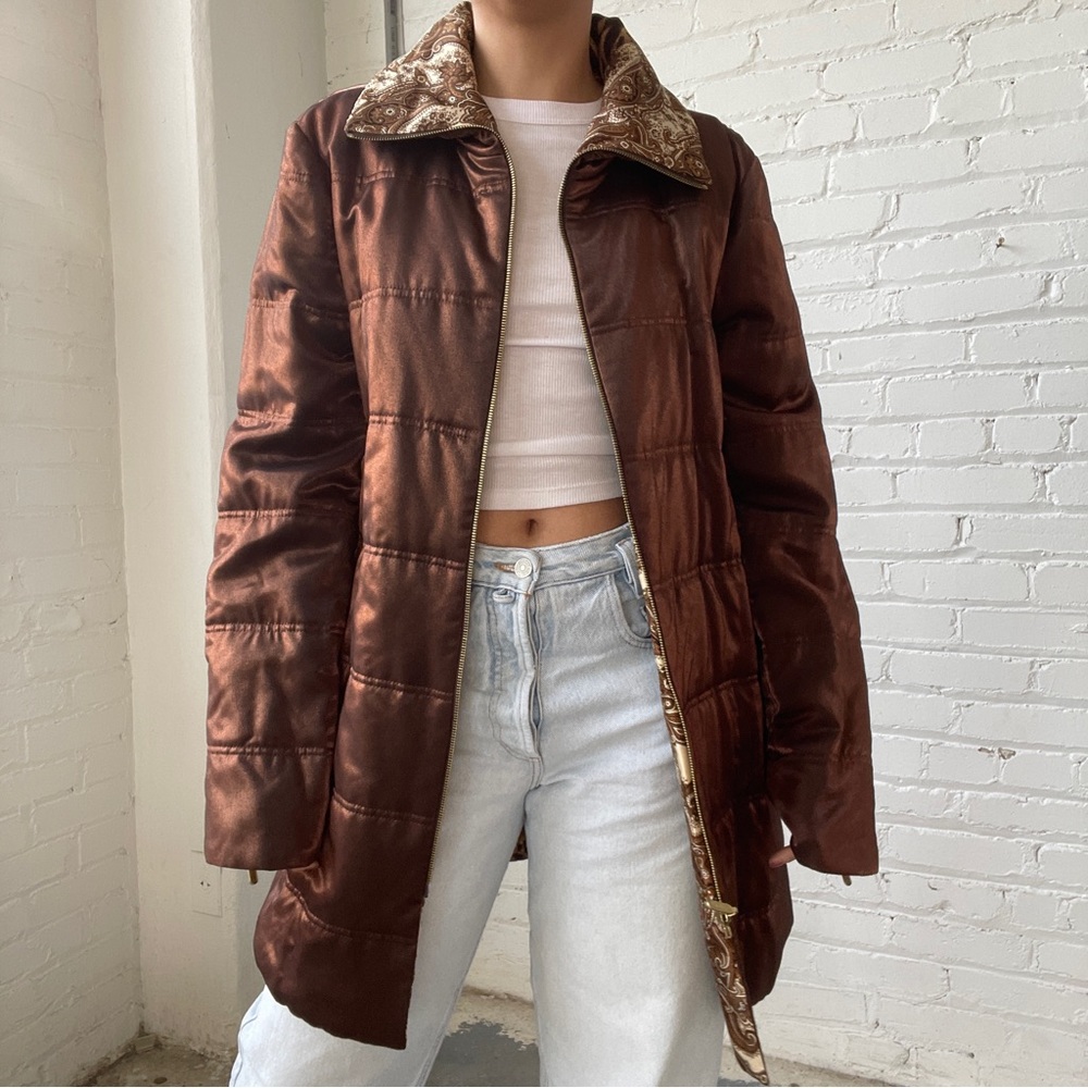Vintage 90's St. John Bronze Pewter and Animal Print Reversible Puffer Jacket